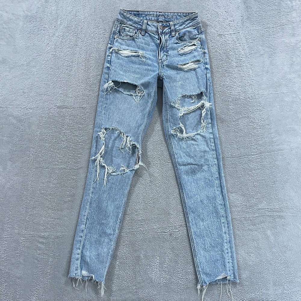 American Eagle Mom Jeans Womens 000 Light Blue Stretch Denim Distressed  Grunge‎